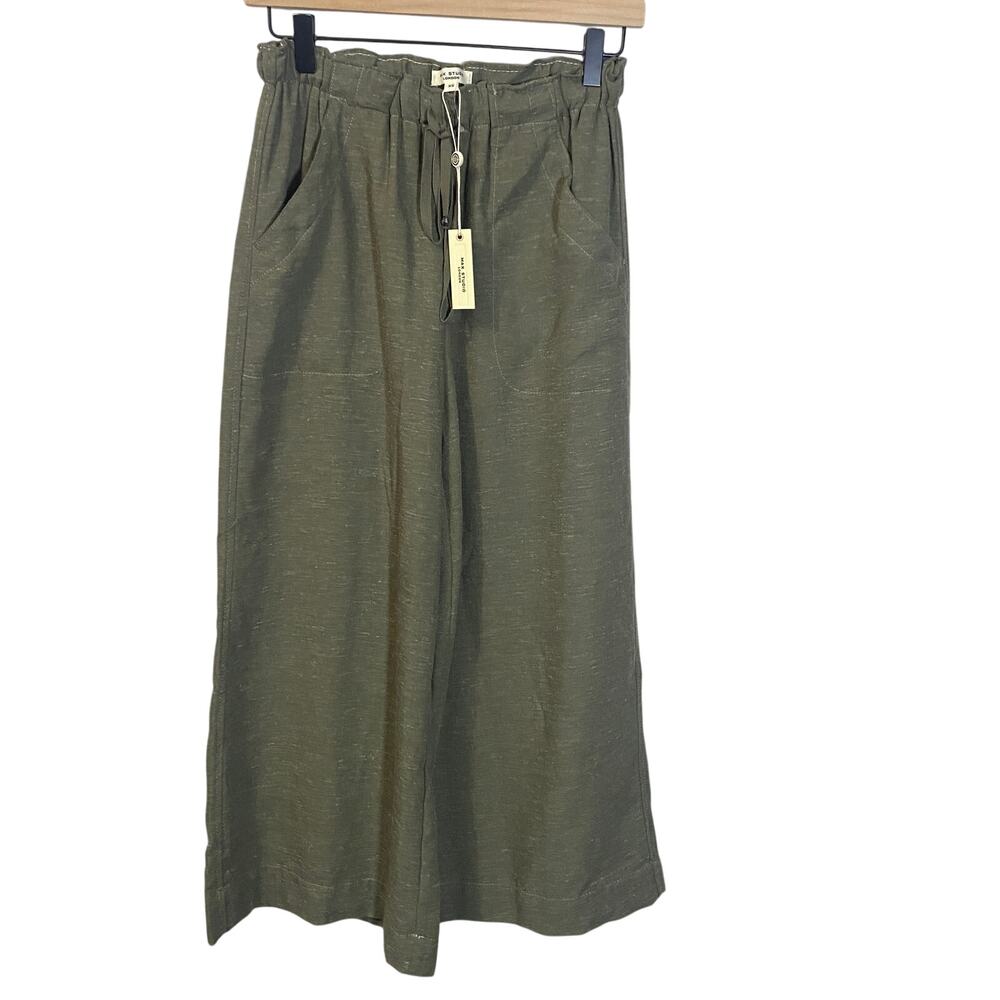 Max Studio London NWT Olive Green Wide Leg Gaucho Pant Poly Linen Blend Sz XS